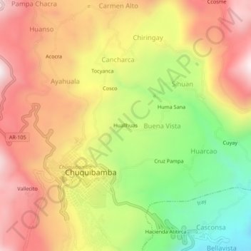 Carte topographique Huallhuas, altitude, relief