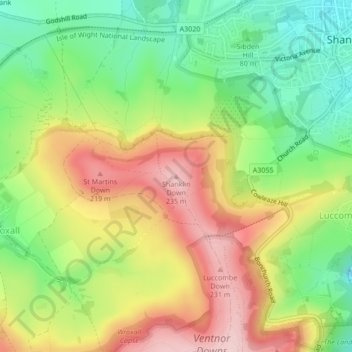 Carte topographique Shanklin Down, altitude, relief