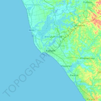 Carte topographique Kollam, altitude, relief