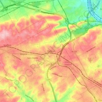 Carte topographique Radnor, altitude, relief