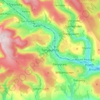 Carte topographique Tonypandy, altitude, relief
