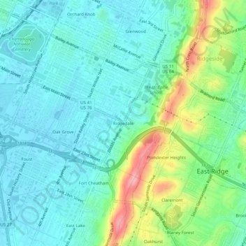 Carte topographique Ridgedale, altitude, relief