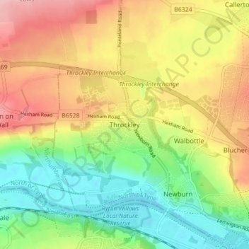 Carte topographique Throckley, altitude, relief