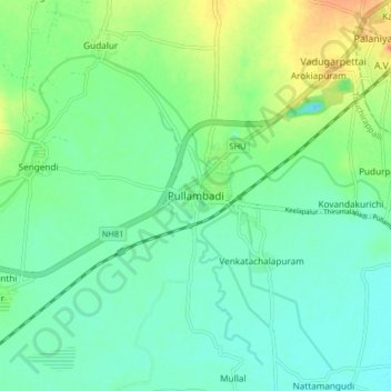 Carte topographique Pullambadi, altitude, relief