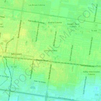 Carte topographique Leona Colonia, altitude, relief