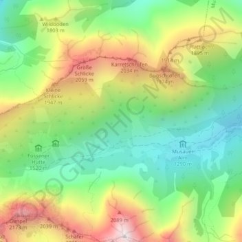 Carte topographique Tannheim Mountains, altitude, relief