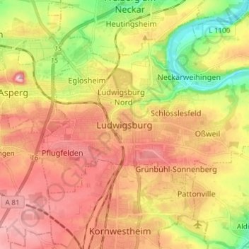 Carte topographique Ludwigsbourg, altitude, relief