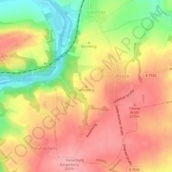 Carte topographique Mühlberg, altitude, relief
