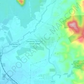 Carte topographique Tanah Hitam, altitude, relief