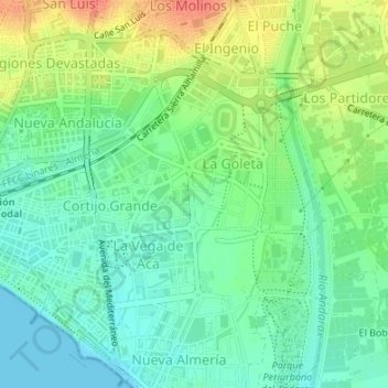 Carte topographique Vega de Acá, altitude, relief
