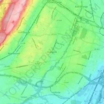 Carte topographique Irvington, altitude, relief