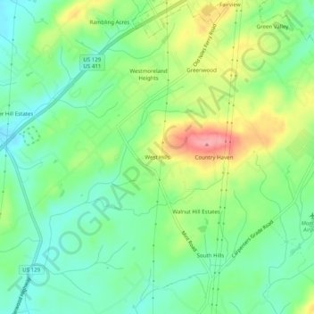 Carte topographique West Hills, altitude, relief