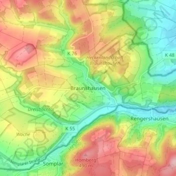Carte topographique Braunshausen, altitude, relief
