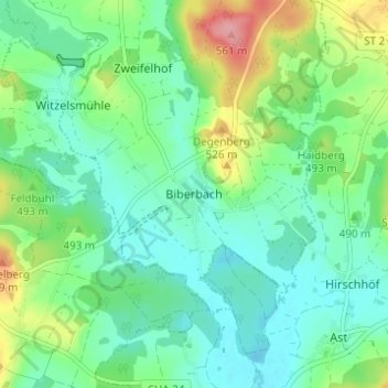 Carte topographique Biberbach, altitude, relief