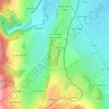 Carte topographique Ricoux, altitude, relief