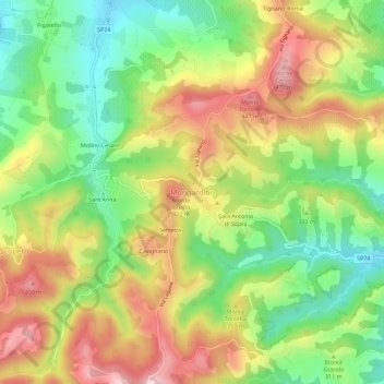 Carte topographique Mongardino, altitude, relief