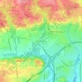 Carte topographique Brooklandville, altitude, relief
