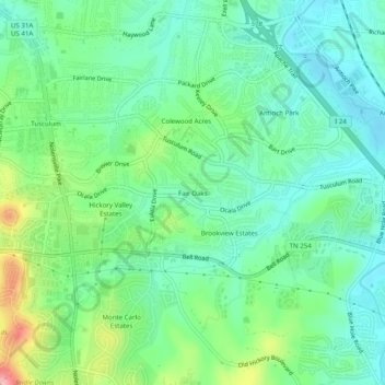 Carte topographique Fair Oaks, altitude, relief