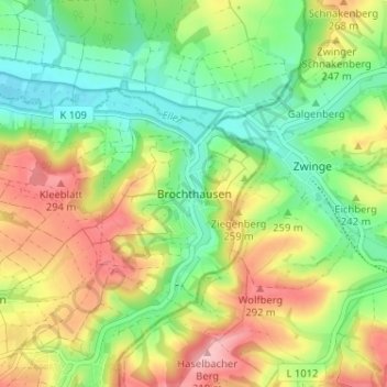 Carte topographique Brochthausen, altitude, relief