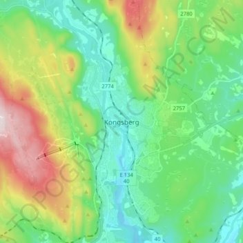 Carte topographique Kongsberg, altitude, relief