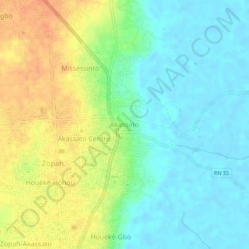 Carte topographique Akassato, altitude, relief