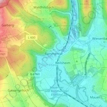 Carte topographique Bammental, altitude, relief