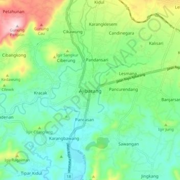 Carte topographique Ajibarang, altitude, relief