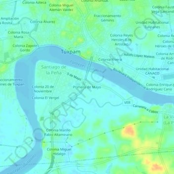 Carte topographique Primero de Mayo, altitude, relief