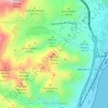 Carte topographique Monte Gallo, altitude, relief