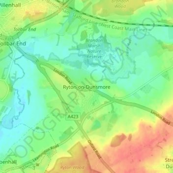 Carte topographique Ryton-on-Dunsmore, altitude, relief