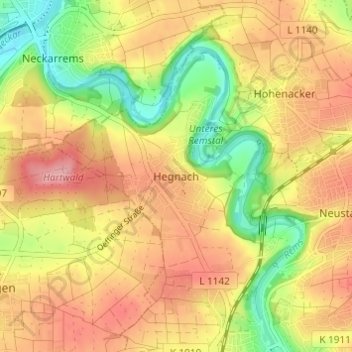 Carte topographique Hegnach, altitude, relief