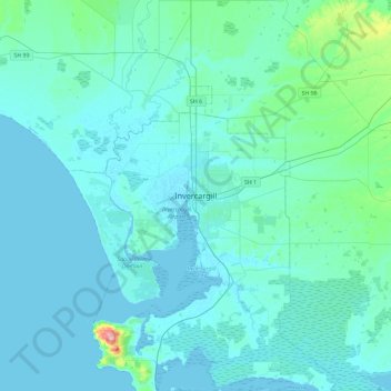 Carte topographique Invercargill, altitude, relief