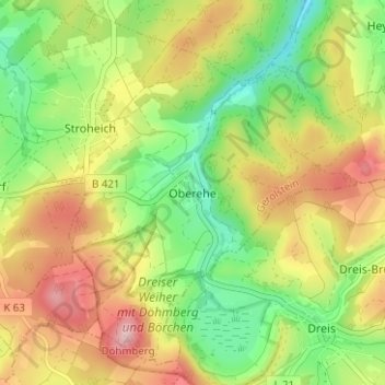 Carte topographique Oberehe, altitude, relief