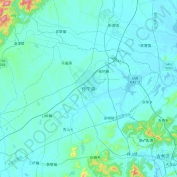 Carte topographique 怀宁县, altitude, relief
