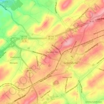 Carte topographique Highland Hills, altitude, relief