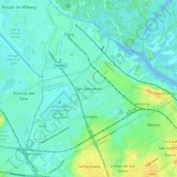 Carte topographique San Fernando, altitude, relief