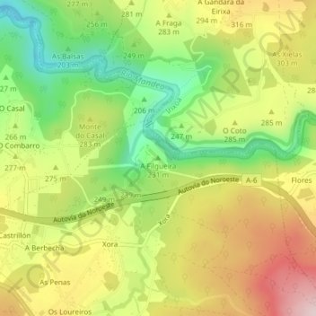 Carte topographique A Filgueira, altitude, relief