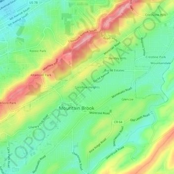 Carte topographique Crestline Heights, altitude, relief