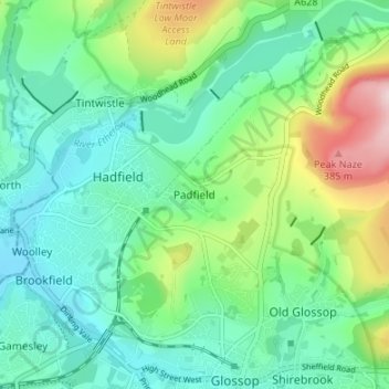 Carte topographique Padfield, altitude, relief