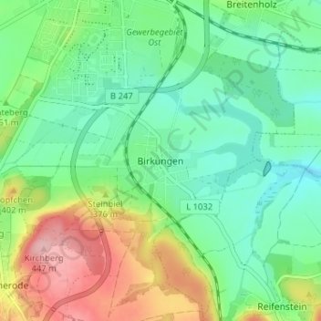 Carte topographique Birkungen, altitude, relief