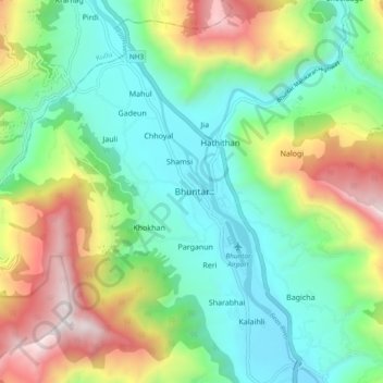 Carte topographique Bhuntar, altitude, relief