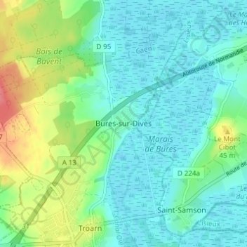Carte topographique Bures-sur-Dives, altitude, relief