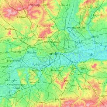 Carte topographique London, altitude, relief