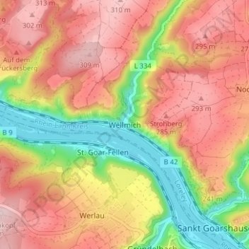 Carte topographique Wellmich, altitude, relief