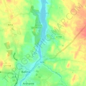 Carte topographique Quay Village, altitude, relief