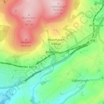 Carte topographique Bittaford, altitude, relief