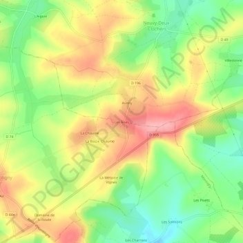 Carte topographique Les Ânes, altitude, relief