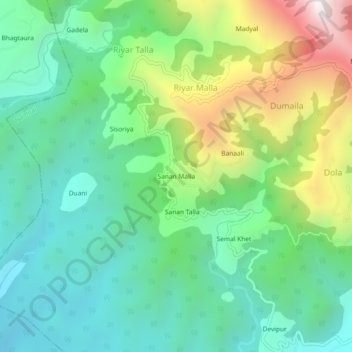 Carte topographique Sanan Malla, altitude, relief