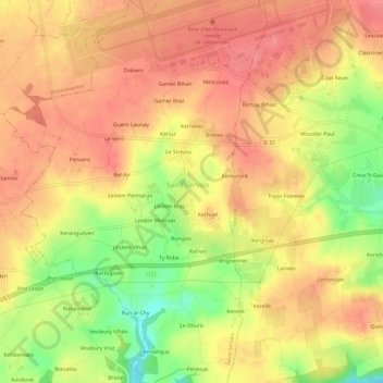 Carte topographique Le Ménez, altitude, relief