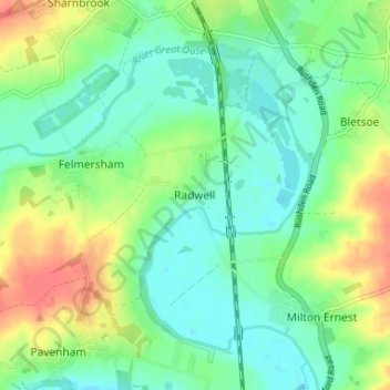 Carte topographique Radwell, altitude, relief